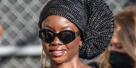 Danai Gurira was seen wearing black Burberry Sophia BE4361 3001/87 cat eye sunglasses outside Jimmy Kimmel Live! studios promoting Black Panther: Wakanda Forever