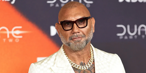 Dave Bautista was seen wearing shiny black Tom Ford TF5881-B 001 Blue Control  square glasses to attend the premiere of Dune: Part Two in New York City