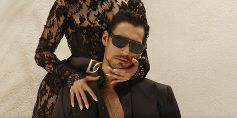 David Gandy was seen modeling black Dolce&Gabbana DG4403 501/87 aviator sunglasses in Dolce & Gabbana Spring/Summer 2022 Eyewear Campaign alongside Jennifer Lopez