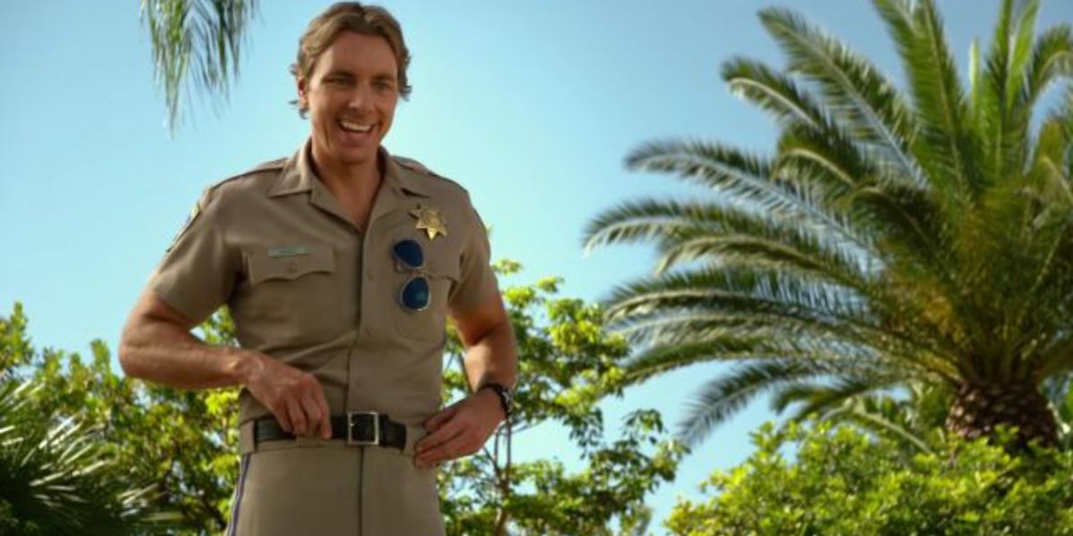 Dax Shepard is seen wearing Ray-Ban Aviator Large Metal RB 3025 9196/S2 sunglasses with blue Polarised lenses in his iconic movie CHiP