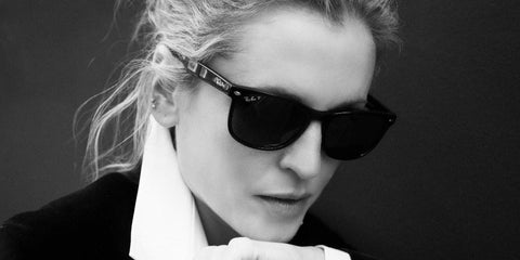 Irish actress Denise Gough was seen wearing the iconic black Ray-Ban New Wayfarer 2132 901/58 Polarised sunglasses in an Amazing magazine feature, photographed by Lee Malone in May 2022.