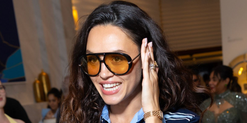 French model Diane Leyre was seen wearing black Bottega Veneta BV1274S 002 aviator sunglasses with yellow lenses at Hotel Martinez, during Cannes Film Festival 2026.