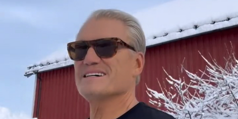 Actor and martial artist Dolph Lundgren was seen wearing tortoise Persol 3348S 1210/33 sunglasses with brown lenses in his Instagram reel, February 2026.