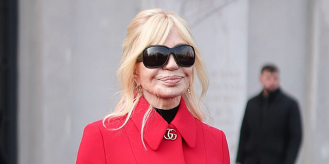 Donatella Versace was seen wearing black Gucci GG2176S 001 sunglasses at the Gucci Fall/Winter 2026 fashion show during Milan Fashion Week.