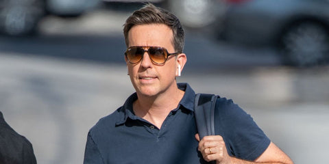 Actor Ed Helms was seen wearing tortoiseshell Ray-Ban Cats 5000 RB 4125 710/51 aviator sunglasses outside Jimmy Kimmel Live! studios in Los Angeles