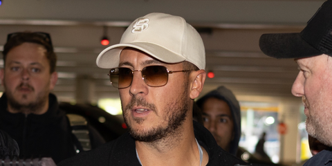 Footballer Eden Hazard was seen wearing gold Ray-Ban RB 3706 001/51 square sunglasses with brown gradient lenses at The Emirates FA Cup Final 2026.