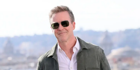 Edward Norton was seen wearing Paul Smith Hugon PS23101S 719 sunglasses with green lenses to attend "A Complete Unknown" photo call in Rome, January 2025