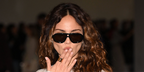 Eiza Gonzalez wore black Bottega Veneta BV1494S 001 Sophia Ribbon aviator sunglasses at the Bottega Veneta Spring Summer 2027 show during Milan Fashion Week.