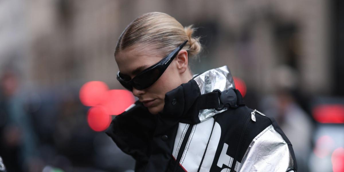 Model and philanthropist Elena Perminova was seen wearing black Balenciaga BB0253S 001 shield sunglasses during Paris Fashion Week season Fall/Winter 2024
