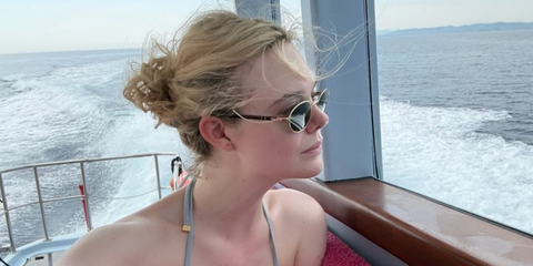 Elle Fanning was seen wearing black Persol Ida 1018S 515/58 oval sunglasses with green Polarised lenses in her Instagram post, June 2026
