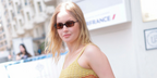 Ellie Bamber was seen wearing tortoiseshell Miu Miu Regard MU 11ZS VAU2Z1 rectangular sunglasses with brown lenses at the Cannes Film Festival 2025. Shop online now on Pretavoir
