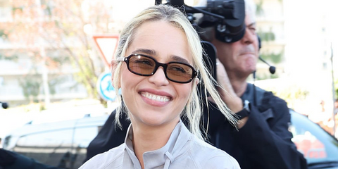 Emilia Clarke was seen wearing tortoise Prada PR D06S 17N70R sunglasses at the Prada Spring/Summer 2027 fashion show during Milan Fashion Week.