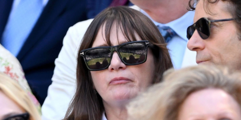 Emily Mortimer was seen wearing black Tom Ford Buckley-02 TF906-N 01A square sunglasses at the Wimbledon Tennis Championships 2026.