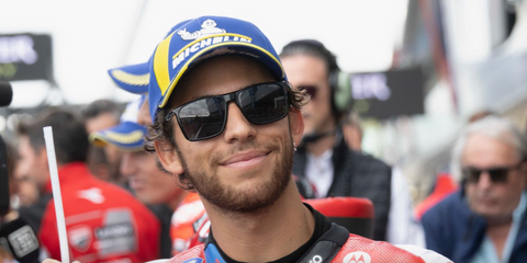 Italian Grand Prix motorcycle racer Enea Bastianini was seen wearing black Carrera x Ducati Carduc 034/S 08AIR sunglasses at the MotoGP of Great Britain 2024.