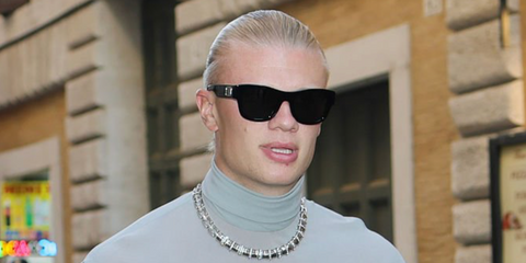 Norwegian footballer Erling Haaland was seen wearing black Dolce&Gabbana DG4509 501/87 sunglasses in Rome, following the Dolce & Gabbana Alta Moda fashion show in July 2025.