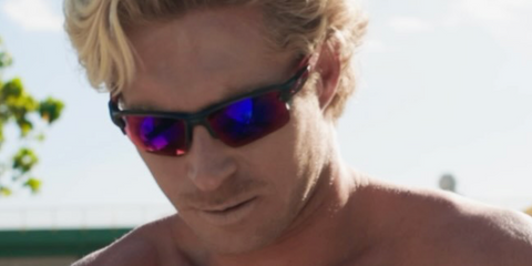 Australian surfer Ethan Ewing was seen wearing grey and red Oakley Flak 2.0 XL OO9188 04 sunglasses with prizm road lenses in his Instagram reel, January 2025.