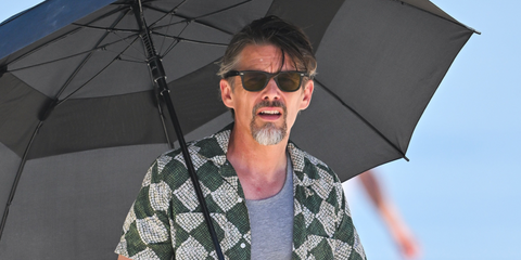 Ethan Hawke was seen wearing black Ray-Ban Wayfarer RB 4340 601 sunglasses in 2023 Netflix movie "Leave The World Behind"