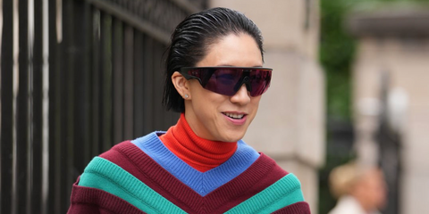 Fashion journalist Eva Chen was seen wearing Oakley Meta Vanguard OW8001 01 Prizm Smart Glasses at the Loewe Spring/Summer 2026 fashion show during Paris Fashion Week.