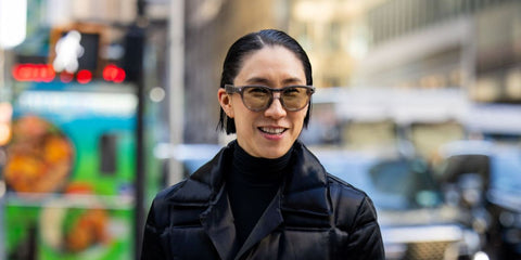 Fashion executive Eva Chen was seen wearing Ray-Ban Meta Headliner RW4009 6705/ZX Photochromic Smart Glasses with yellow transition lenses during New York Fashion Week season Fall/Winter 2025. Shop online now on Pretavoir