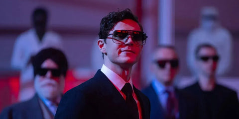 Evan Peters was seen wearing black iron Dita Mach Five DRX 2087 H sunglassees in Tron: Ares as Julian Dillinger