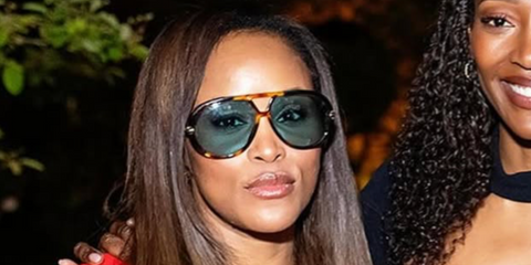 Rapper and singer Eve was seen wearing tortoiseshell Bottega Veneta BV1273S 007 Drop Aviator sunglasses with blue lenses at June Sarpong's book launching in May 2025.