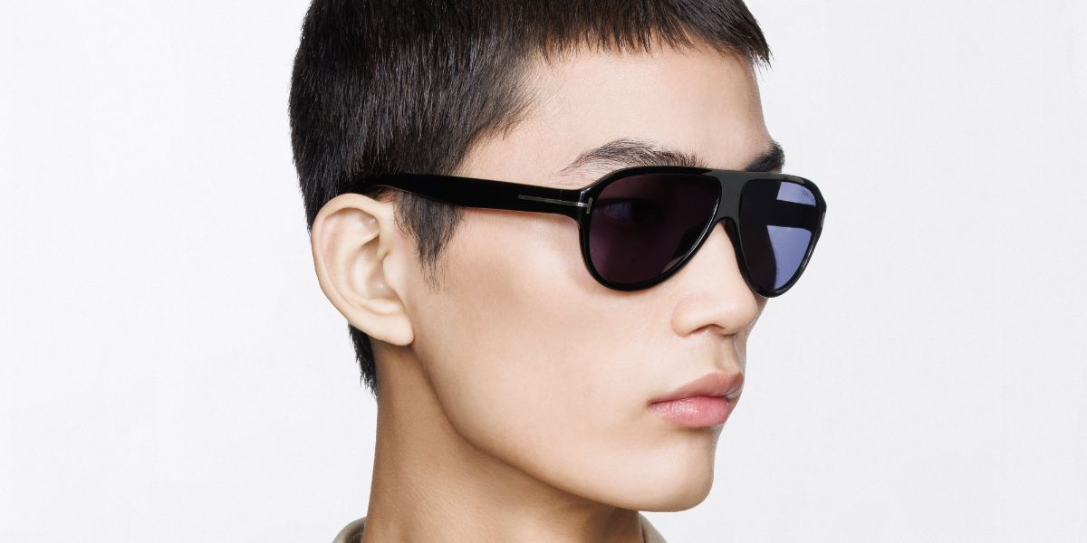 Male model wears Tom Ford TF1336 01V black sunglasses
