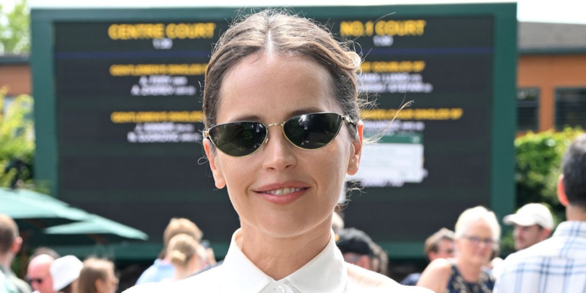 Felicity Jones was seen wearing gold Ralph Lauren RL7095 9116/71 sunglasses at the Wimbledon Tennis Championships 2026.