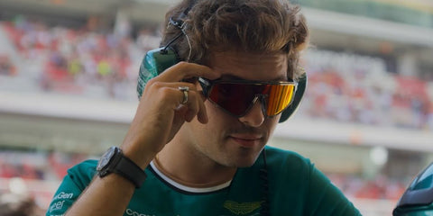 Felipe Drugovich wears Oakley Latch Panel OO9404 04 Prizm sunglasses to the Austrian Grand Prix