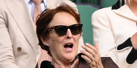 Fiona Shaw was seen wearing tortoiseshell Prada PR C07S 14L09Z sunglasses at the Wimbledon Tennis Championships 2026.