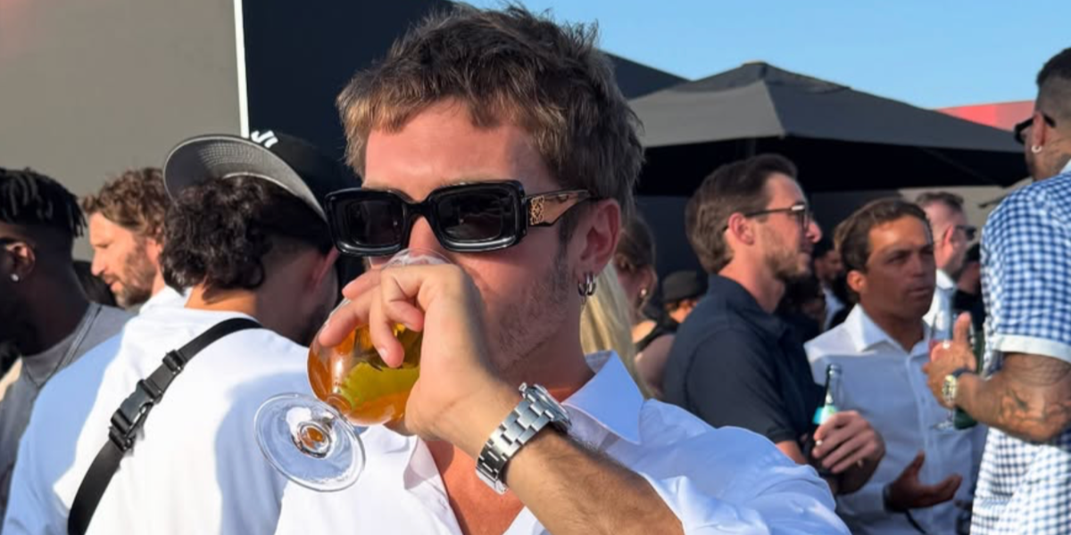Argentine actor Franco Masini was seen wearing black Loewe Anagram LW40101I 01A rectangular sunglasses in his Instagram post, July 2025. Shop online now on Pretavoir