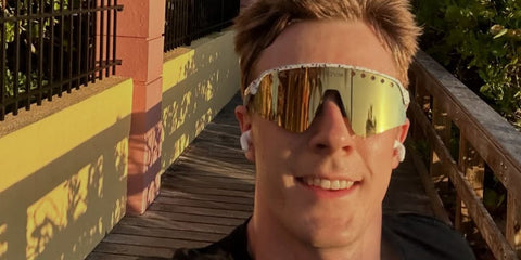 Danish racer Frederik Vesti was seen wearing splatter white Oakley Sutro Lite Sweep OO9465 33 sunglasses with 24k Prizm lenses at the F1 Grand Prix of Miami, May 2026.