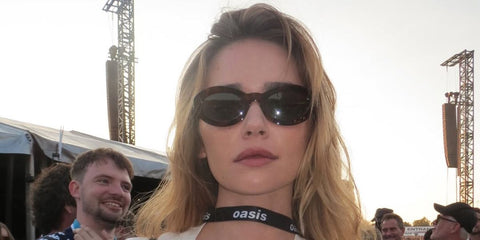 Australian model Gabriella Brooks was seen wearing tortoiseshell Saint Laurent SL M136 002 oval sunglasses at an Oasis concert in Manchester, July 2025.