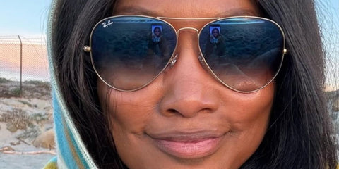 Haitian-American actress and television personality Garcelle Beauvais was seen wearing silver Ray-Ban Aviator 3025 003/3F sunglasses with blue gradient lenses in her Instagram post, January 2026.