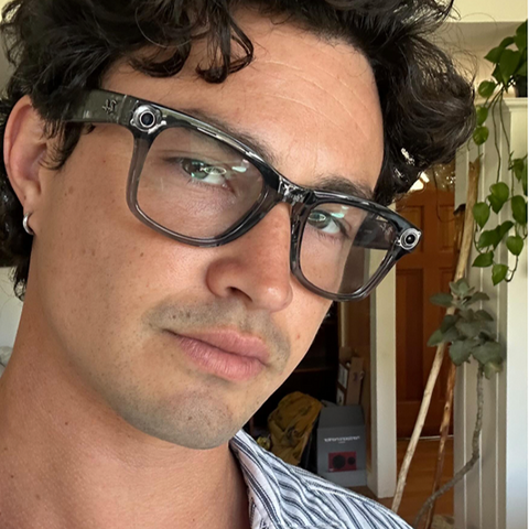 Actor Gavin Leatherwood was seen wearing transparent black Ray-Ban Meta Blayzer Optics RW7001 8526 in his Instagram reel, June 2026.
