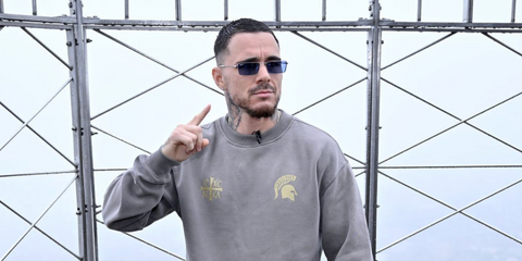 Australian boxer George Kambosos Jr. was seen wearing silver Ray-Ban Emy RB 3741 003/80 rectangular sunglasses with blue lenses at the Empire State Building in New York City, June 2025