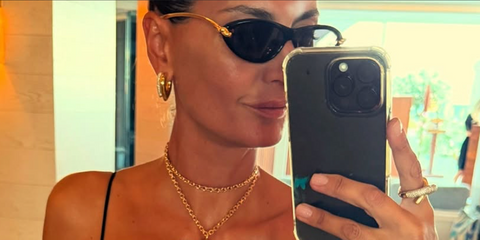 Fashion editor and creative director Giovanna Battaglia was seen wearing black and gold Bottega Veneta BV1390S 001 knot sunglasses in her Instagram post, August 2025.