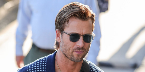 Glen Powell was seen wearing transparent grey-brown Garrett Leight Kinney 2007 CLCR/SFPIND sunglasses with blue Polarised lenses outside Jimmy Kimmel Live! studios in Los Angeles, August 2026.