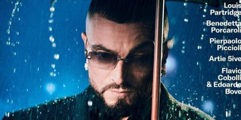Italian rapper Gue Pequeno was seen wearing Cartier CT0579S 001 sunglasses on the cover of GQ Italy, December 2025.
