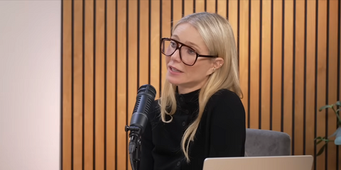 Gwyneth Paltrow wears Saint Laurent SL 596 Dune Opt 003 on her GOOP Podcast interviewing Charli XCX