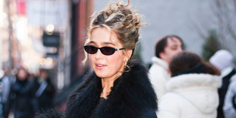 Actress Haley Lu Richardson was seen wearing black Gucci GG1680S 002 sunglasses with crystallised G details in New York City, promoting series Ponies, January 2026.