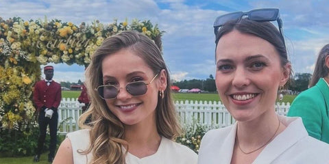 Bridgerton actress Hannah Dodd, pictured on the left, was seen wearing Cutler and Gross Sun Aurum 0005 04 Rhodium 24KT Gold sunglasses in a social media post