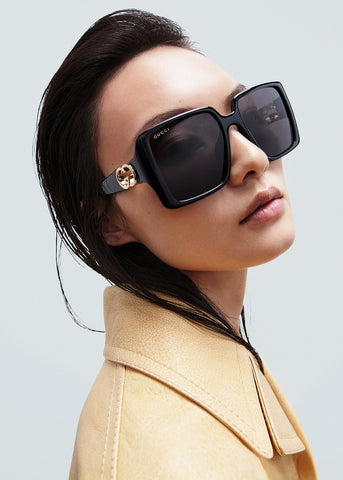 Chinese supermodel He Cong was seen wearing black Gucci GG1692S 001 oversized butterfly sunglasses in the Gucci Fall/Winter 2024 Eyewear campaignn