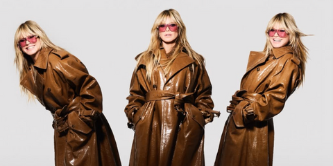 Heidi Klum was seen wearing gold Gucci GG1936S 005 sunglasses with pink red lenses in an InStyle Germany feature, November 2025.