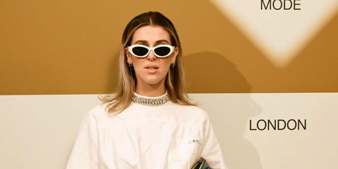 Actress Honor Swinton Byrne was seen wearing white Prada PR 26ZS 17K08Z sunglasses at the Prada Mode event in London, October 2025.