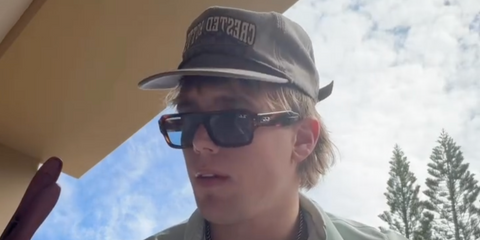 American country singer-songwriter Hudson Westbrook was seen wearing striped havana Ray-Ban Flacko RB 4454 1398/56 sunglasses with blue lenses in his Instagram reel, February 2026.