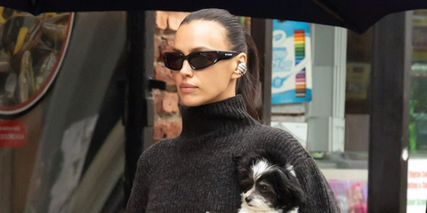 Celebrity Russian supermodel Irina Shayk was seen wearing black Balenciaga BB0157S 001 wraparound sunglasses in New York City, March 2026.