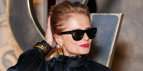 Italian actress Isabella Ferrari was seen wearing black Saint Laurent Sun SL 816 001 sunglasses at the Saint Laurent Fall/Winter 2026 fashion show during Paris Fashion Week.