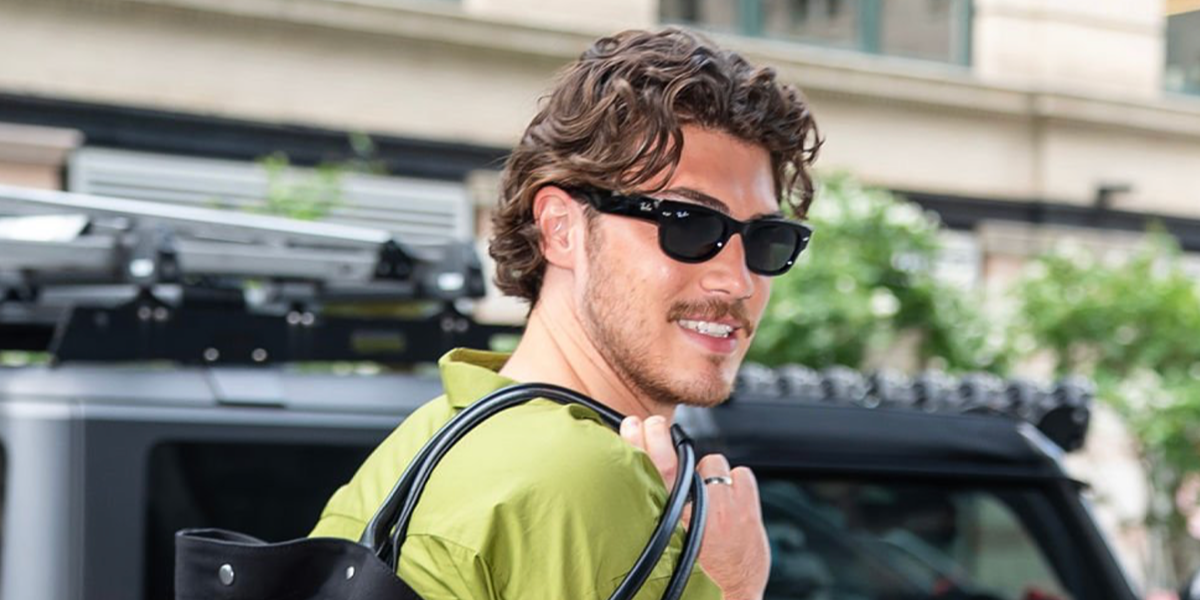 Canadian actor Jack Innanen was seen wearing black Ray-Ban Mega Wayfarer II RB 0832S 901/31 sunglasses in New York City promoting Adults season two, August 2026.