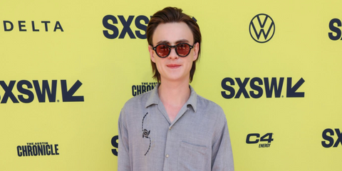 Jaeden Martell was seen wearing black Garrett Leight Flipper Sun 2110 BIO BK/SFPRW round sunglasses with red lenses at the world premiere of "Arcadian" during the 2024 SXSW Conference and Festival in Austin