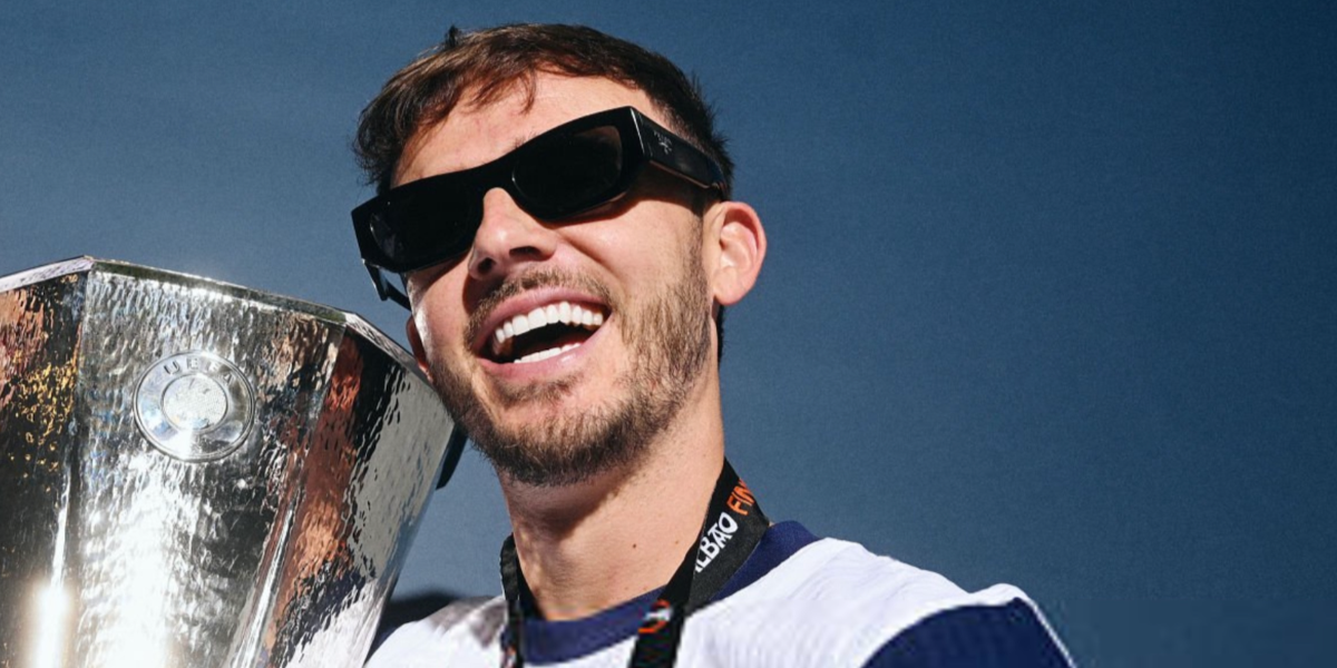 English footballer James Maddison of Tottenham Hotspur was seen wearing black Prada PR A01S 16K08Z sunglasses post winning the UEFA Europa League final 2025. Shop online now on Pretavoir